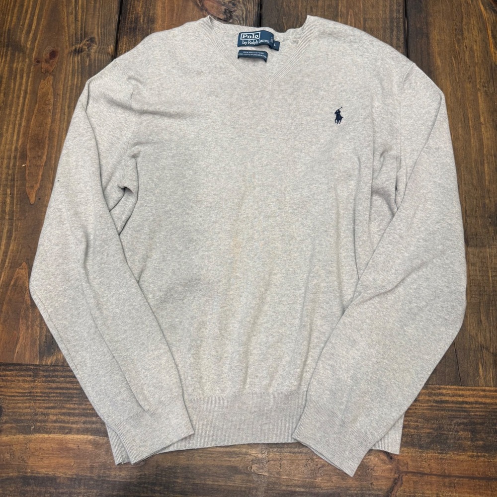 Polo Ralph Lauren‎ Mens V-Neck Sweater Light Gray 100% Pima Cotton Large Pony